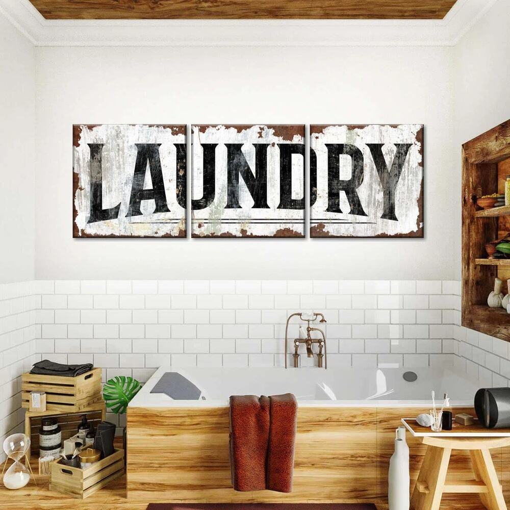 NWT ~ Set/ 3 Rusty Laundry Gallery Wrapped Canvas Print Sign ~ 8" x 24" x 1 1/4"